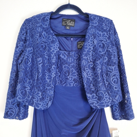NWT Alex Evenings 2-Pc Lace Glitter Bolero Gown in Royal Blue Size 8 Petite - Picture 7 of 13